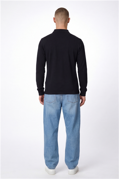 Giotelli Erkek Siyah Normal Kesim Regular Fit %100 Pamuk Örme Uzun Kollu Polo Yaka Düğmeli Sweatshirt