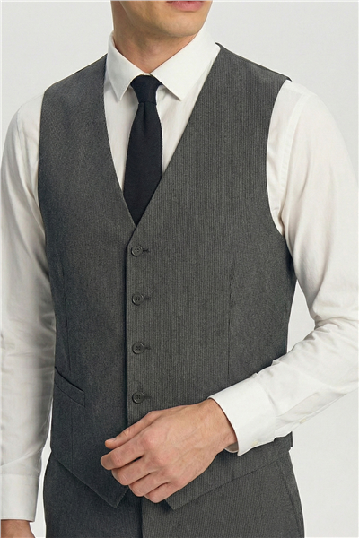 Giotelli Erkek Siyah Dar Kesim Slim Fit Viskon Çizgili Mono Yaka Çift Yırtmaçlı Tam Astarlı 6 Drop Yelekli Takım Elbise