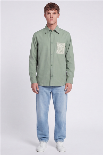 Giotelli Erkek Yeşil Normal Kesim Regular Fit Dokuma Uzun Kollu Gömlek Yaka Çıtçıt Düğme Gömlek