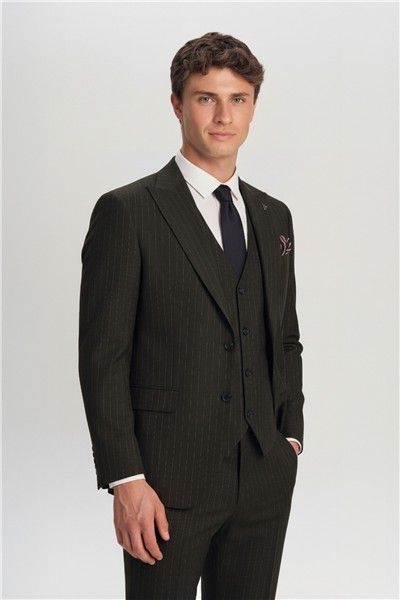 Giotelli Füme Yelekli Çizgili Sivri Yaka Roma Kalıp 6 Drop Tam Astarlı Erkek Takım Elbise