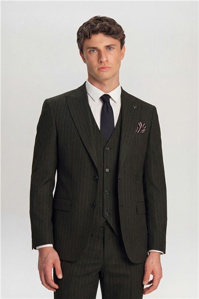 Giotelli Füme Yelekli Çizgili Sivri Yaka Roma Kalıp 6 Drop Tam Astarlı Erkek Takım Elbise