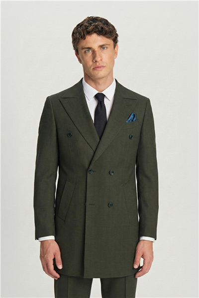 Giotelli Erkek Haki Dar Kesim Slim Fit Viskon Ekose Mono Yaka Dokuma Çift Yırtmaçlı Kemerli Bel Tam Astarlı 6 Drop 5li Erkek Takım Elbise