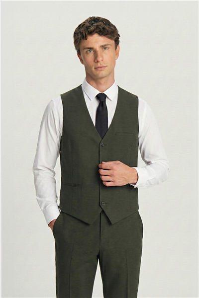 Giotelli Erkek Haki Dar Kesim Slim Fit Viskon Ekose Mono Yaka Dokuma Çift Yırtmaçlı Kemerli Bel Tam Astarlı 6 Drop 5li Erkek Takım Elbise