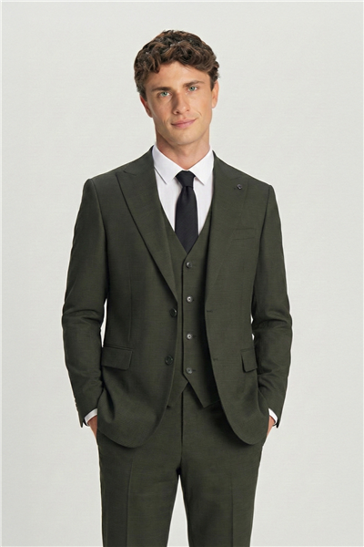 Giotelli Erkek Haki Dar Kesim Slim Fit Viskon Ekose Mono Yaka Dokuma Çift Yırtmaçlı Kemerli Bel Tam Astarlı 6 Drop 5li Erkek Takım Elbise