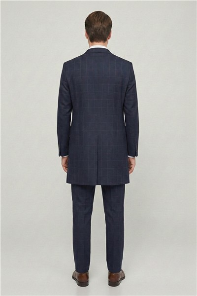 Giotelli Erkek Lacivert Dar Kesim Slim Fit Viskon Ekose Mono Yaka Dokuma Çift Yırtmaçlı Kemerli Bel Tam Astarlı 6 Drop 5li Erkek Takım Elbise