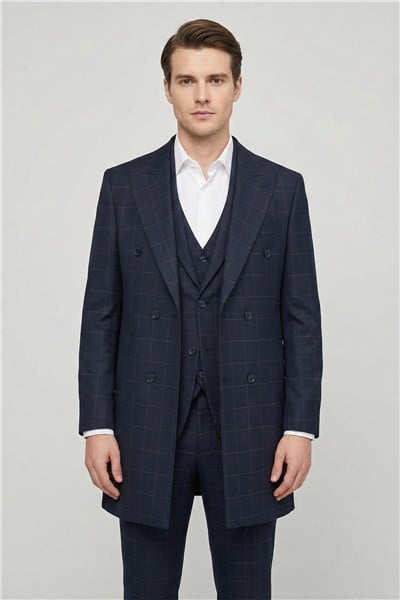 Giotelli Erkek Lacivert Dar Kesim Slim Fit Viskon Ekose Mono Yaka Dokuma Çift Yırtmaçlı Kemerli Bel Tam Astarlı 6 Drop 5li Erkek Takım Elbise