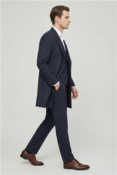 Giotelli Erkek Lacivert Dar Kesim Slim Fit Viskon Ekose Mono Yaka Dokuma Çift Yırtmaçlı Kemerli Bel Tam Astarlı 6 Drop 5li Erkek Takım Elbise