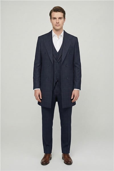 Giotelli Erkek Lacivert Dar Kesim Slim Fit Viskon Ekose Mono Yaka Dokuma Çift Yırtmaçlı Kemerli Bel Tam Astarlı 6 Drop 5li Erkek Takım Elbise