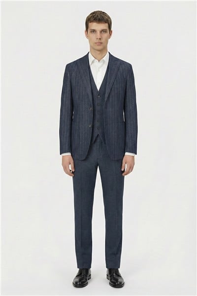 Giotelli Erkek Lacivert Roma Kalıp Çizgili Sivri Yaka 6 Drop Astarsız Standart Boy Ceket