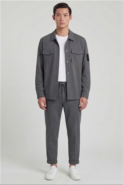 Giotelli Erkek Gri Dar Kesim Slim Fit Viskon Dokuma Bomber Ceketli Takım