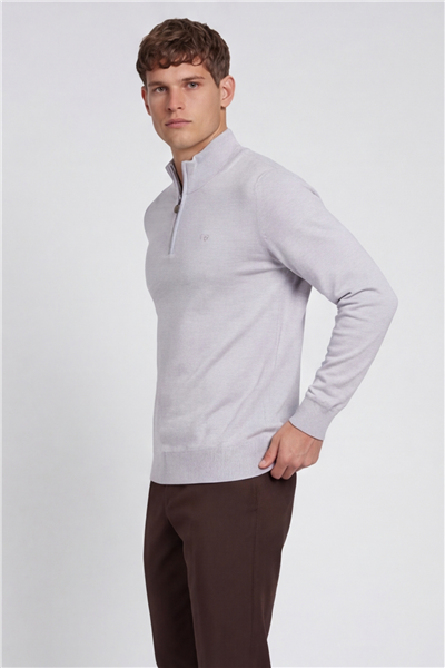 Giotelli Erkek Gri Normal Kesim Regular Fit Pamuklu Fermuarlı Yarım Balıkçı Yaka Triko Kazak