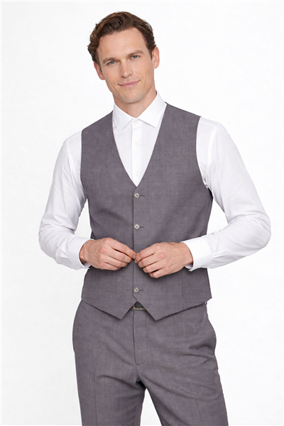 Giotelli Erkek Gri-Kahve Dar Kesim Slim Fit %100 Yün Ekose Mono Yaka Fleto Kapaklı Cep Çift Yırtmaçlı Tam Astarlı 6 Drop Yelekli Takım Elbise