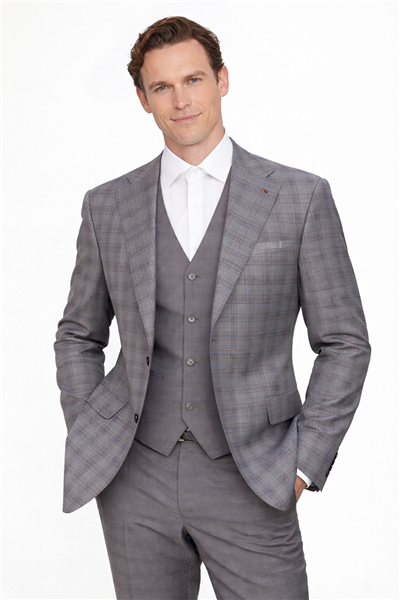 Giotelli Erkek Gri-Kahve Dar Kesim Slim Fit %100 Yün Ekose Mono Yaka Fleto Kapaklı Cep Çift Yırtmaçlı Tam Astarlı 6 Drop Yelekli Takım Elbise