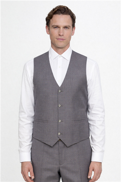 Giotelli Erkek Gri-Kahve Dar Kesim Slim Fit %100 Yün Ekose Mono Yaka Fleto Kapaklı Cep Çift Yırtmaçlı Tam Astarlı 6 Drop Yelekli Takım Elbise