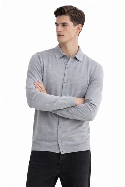 Giotelli Erkek Gri Dar Kesim Slim Fit Yünlü Dokuma Düz Triko Gömlek Hırka