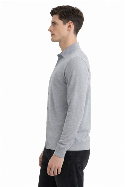Giotelli Erkek Gri Dar Kesim Slim Fit Yünlü Dokuma Düz Triko Gömlek Hırka