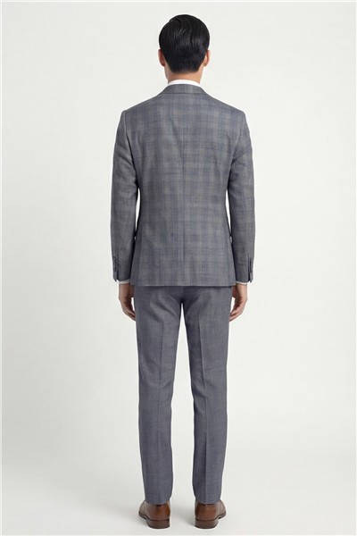 Giotelli Erkek Gri-Mavi Dar Kesim Slim Fit %100 Yün Ekose Mono Yaka Fleto Kapaklı Cep Çift Yırtmaçlı Tam Astarlı 6 Drop Yelekli Takım Elbise