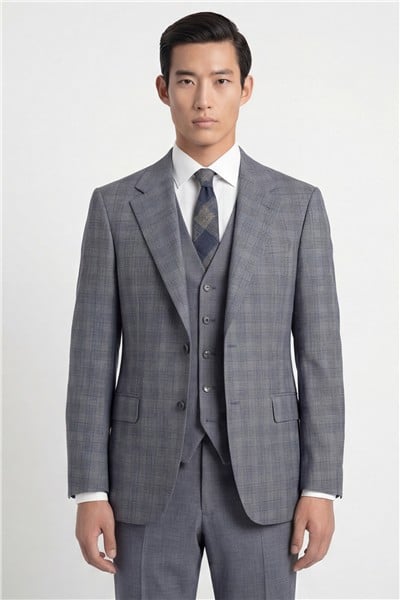 Giotelli Erkek Gri-Mavi Dar Kesim Slim Fit %100 Yün Ekose Mono Yaka Fleto Kapaklı Cep Çift Yırtmaçlı Tam Astarlı 6 Drop Yelekli Takım Elbise