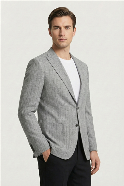 Giotelli Erkek Gri Roma Kalıp Çizgili Sivri Yaka 6 Drop Astarsız Standart Boy Ceket