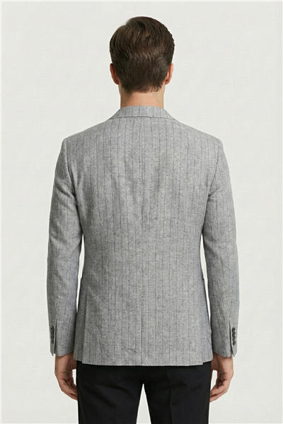 Giotelli Erkek Gri Roma Kalıp Çizgili Sivri Yaka 6 Drop Astarsız Standart Boy Ceket