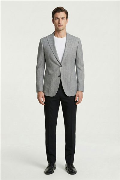 Giotelli Erkek Gri Roma Kalıp Çizgili Sivri Yaka 6 Drop Astarsız Standart Boy Ceket