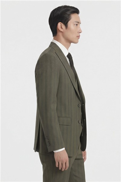 Giotelli Erkek Haki Dar Kesim Slim Fit Viskon Çizgili Dokuma Fleto Kapaklı Cep Normal Bel 8 Drop Yelekli Klasik Takım Elbise