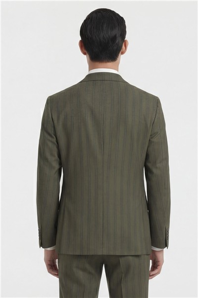Giotelli Erkek Haki Dar Kesim Slim Fit Viskon Çizgili Dokuma Fleto Kapaklı Cep Normal Bel 8 Drop Yelekli Klasik Takım Elbise