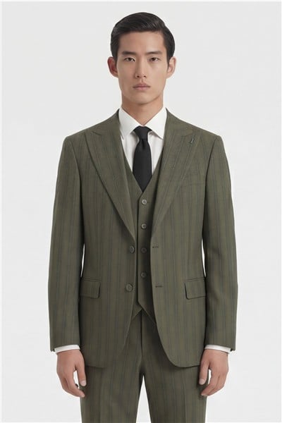 Giotelli Erkek Haki Dar Kesim Slim Fit Viskon Çizgili Dokuma Fleto Kapaklı Cep Normal Bel 8 Drop Yelekli Klasik Takım Elbise