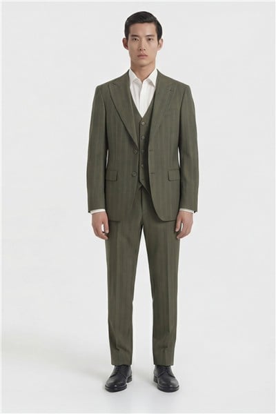 Giotelli Erkek Haki Dar Kesim Slim Fit Viskon Çizgili Dokuma Fleto Kapaklı Cep Normal Bel 8 Drop Yelekli Klasik Takım Elbise