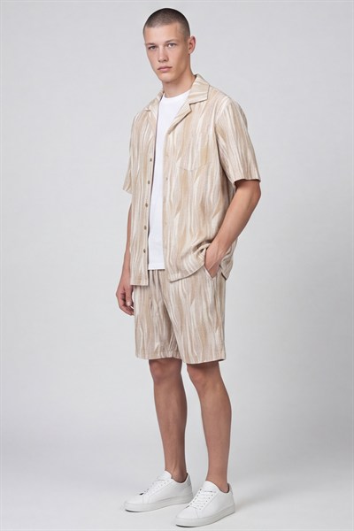 Giotelli Erkek Kahve-Gri Normal Kesim Regular Fit Viskon Dokuma Yan Cep Lastikli Bel Şortlu Takım