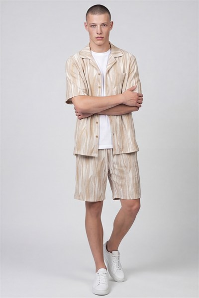 Giotelli Erkek Kahve-Gri Normal Kesim Regular Fit Viskon Dokuma Yan Cep Lastikli Bel Şortlu Takım