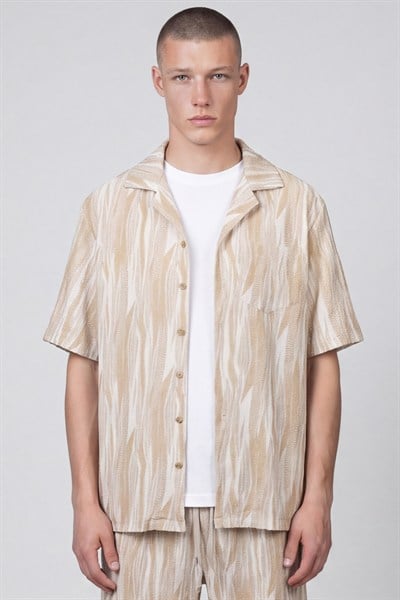 Giotelli Erkek Kahve-Gri Normal Kesim Regular Fit Viskon Dokuma Yan Cep Lastikli Bel Şortlu Takım