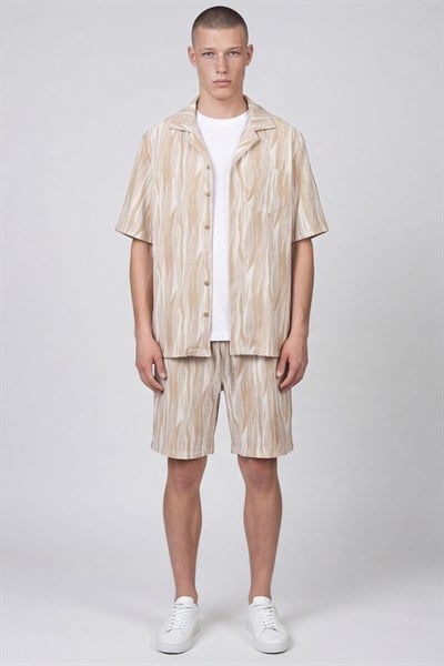 Giotelli Erkek Kahve-Gri Normal Kesim Regular Fit Viskon Dokuma Yan Cep Lastikli Bel Şortlu Takım