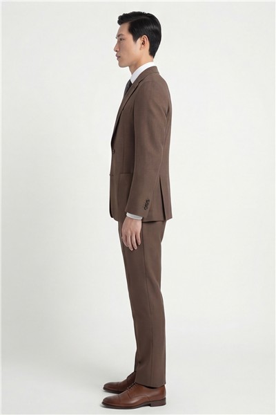 Giotelli Erkek Kahve Dar Kesim Slim Fit Pamuklu Mono Yaka Torba Cep Çift Yırtmaçlı Klasik Paça Yarım Astarlı 6 Drop Takım Elbise
