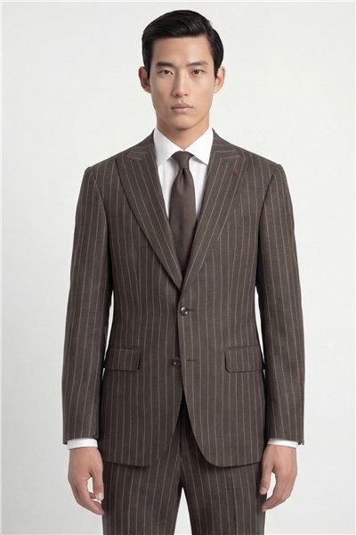 Giotelli Erkek Kahve Dar Kesim Slim Fit Viskon Dokuma Normal Bel 6 Drop Klasik Takım Elbise