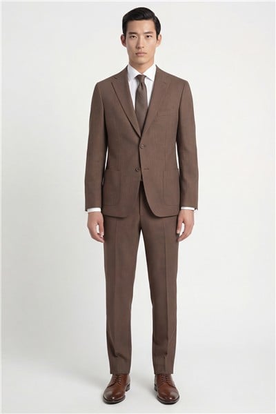 Giotelli Erkek Kahve Dar Kesim Slim Fit Pamuklu Mono Yaka Torba Cep Çift Yırtmaçlı Klasik Paça Yarım Astarlı 6 Drop Takım Elbise