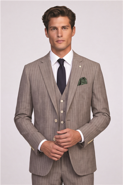 Giotelli Erkek Kahve Dar Kesim Slim Fit Viskon Çizgili Mono Yaka 8 Drop Yelekli Takım Elbise