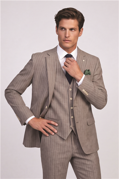 Giotelli Erkek Kahve Dar Kesim Slim Fit Viskon Çizgili Mono Yaka 8 Drop Yelekli Takım Elbise