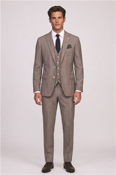 Giotelli Erkek Kahve Dar Kesim Slim Fit Viskon Çizgili Mono Yaka 8 Drop Yelekli Takım Elbise