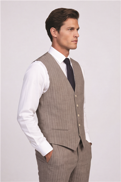 Giotelli Erkek Kahve Dar Kesim Slim Fit Viskon Çizgili Mono Yaka 8 Drop Yelekli Takım Elbise