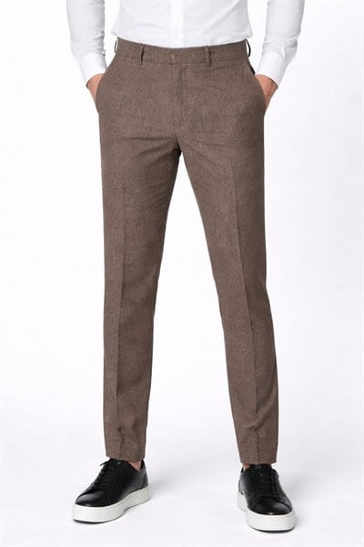 Giotelli Erkek Kahve Dar Kesim Slim Fit Yünlü Dokuma Yan Cep Normal Bel Pantolon