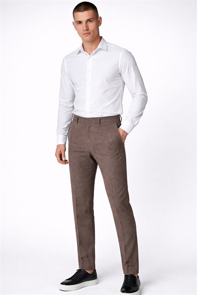 Giotelli Erkek Kahve Dar Kesim Slim Fit Yünlü Dokuma Yan Cep Normal Bel Pantolon