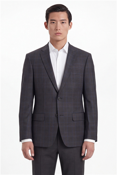 Erkek Koyu Gri Dar Kesim Slim Fit %100 Yün Ekose Dokuma Normal Bel 6 Drop Takım Elbise