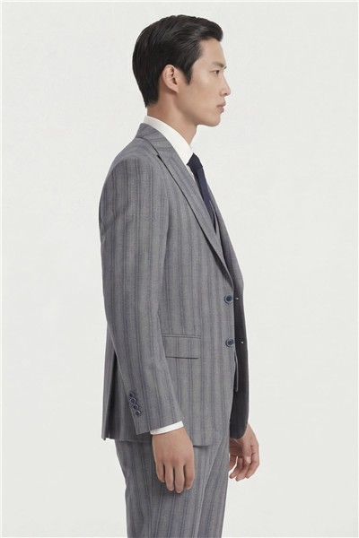 Giotelli Erkek Koyu Gri Dar Kesim Slim Fit Viskon Çizgili Dokuma Fleto Kapaklı Cep Normal Bel 8 Drop Yelekli Klasik Takım Elbise