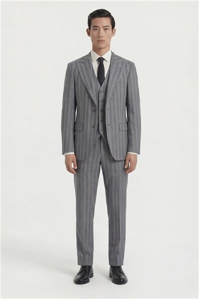 Giotelli Erkek Koyu Gri Dar Kesim Slim Fit Viskon Çizgili Dokuma Fleto Kapaklı Cep Normal Bel 8 Drop Yelekli Klasik Takım Elbise
