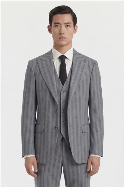 Giotelli Erkek Koyu Gri Dar Kesim Slim Fit Viskon Çizgili Dokuma Fleto Kapaklı Cep Normal Bel 8 Drop Yelekli Klasik Takım Elbise