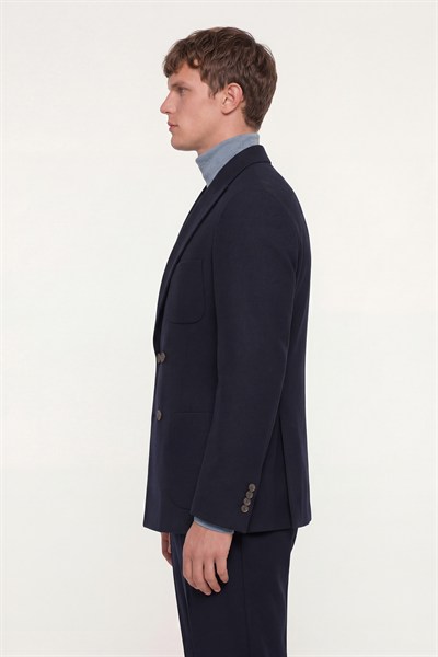 Giotelli Erkek Koyu Lacivert Dar Kesim Slim Fit Viskon Fleto Kapaklı Cep Kruvaze Yaka 6 Drop Takım Elbise