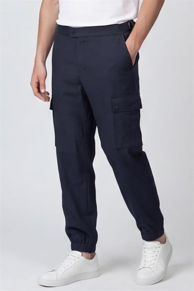 Giotelli Erkek Koyu Lacivert Normal Kesim Regular Fit Viskon Dokuma Kargo Cep Normal Bel 6 Drop Pantolon