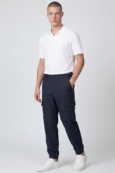 Giotelli Erkek Koyu Lacivert Normal Kesim Regular Fit Viskon Dokuma Kargo Cep Normal Bel 6 Drop Pantolon