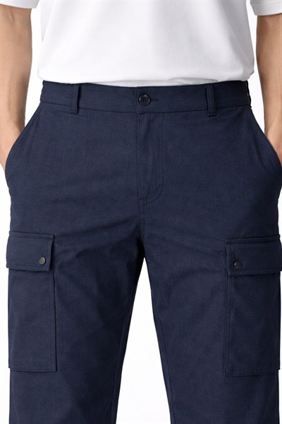 Giotelli Erkek Koyu Lacivert Normal Kesim Regular Fit Viskon Dokuma Kargo Cep Normal Bel 6 Drop Pantolon